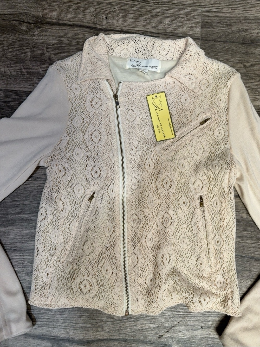 Vintage Havana Blush Lace Zip-Up Jacket Crochet Floral Size M Boho Chic - Picture 6 of 12